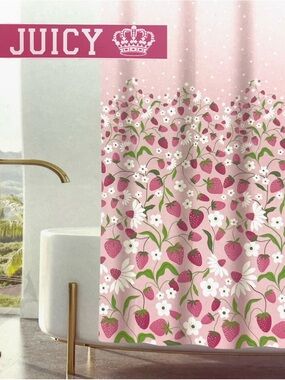 Juicy Couture Pink Red Strawberries White Floral Dots Shower Curtain 70x72 NWT